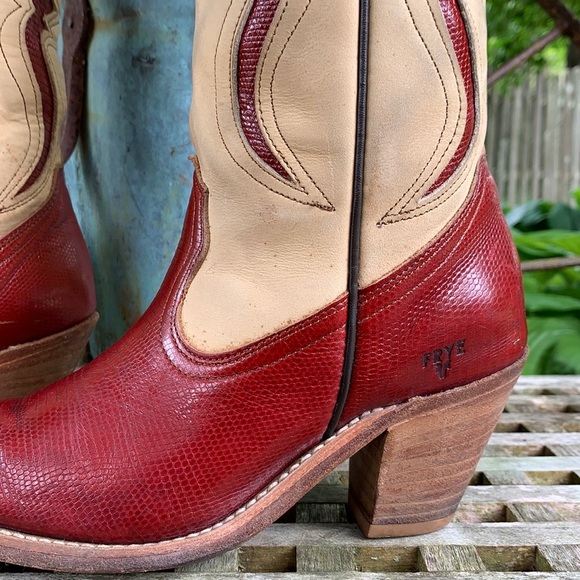 Sold FRYE Vintage USA Red Lizard Leather Heeled Cowgirl Cowboy Western Boots 7 - Picture 3 of 12